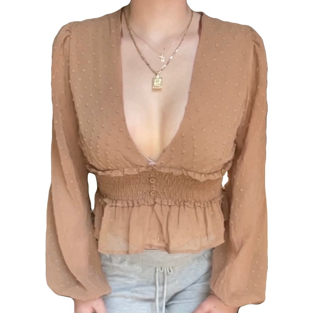 Tan mesh blouse with cinched waistline